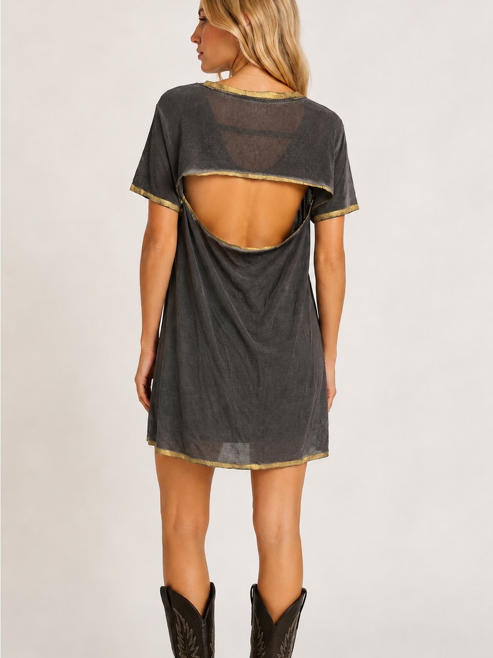 Libby Story NWT Open-Back Washed Charcoal Mini Dress Gold Trim Medium Festival